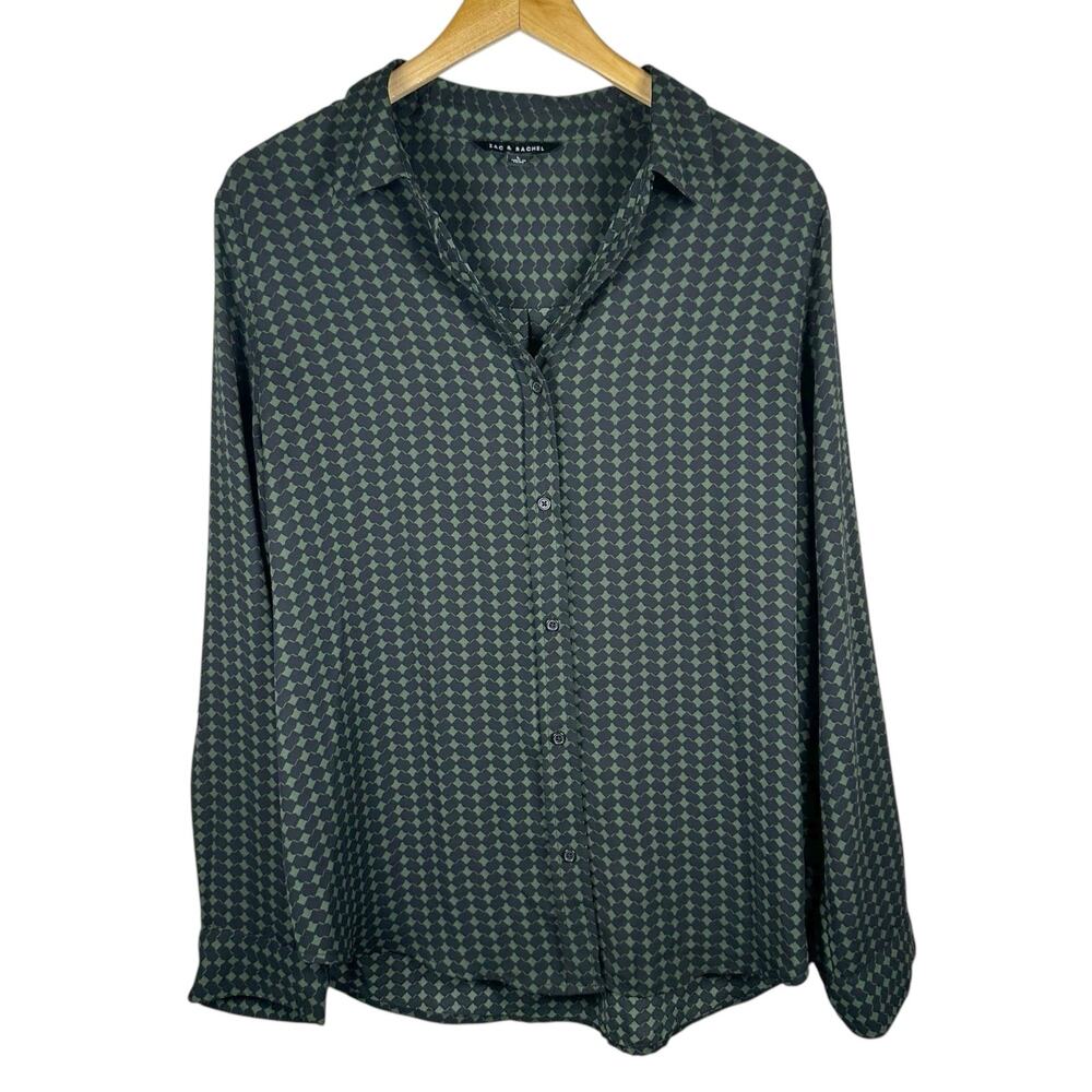 Zac & Rachel Womens L Long Sleeve Geometric Print Button Up Shirt Roll Tab Green